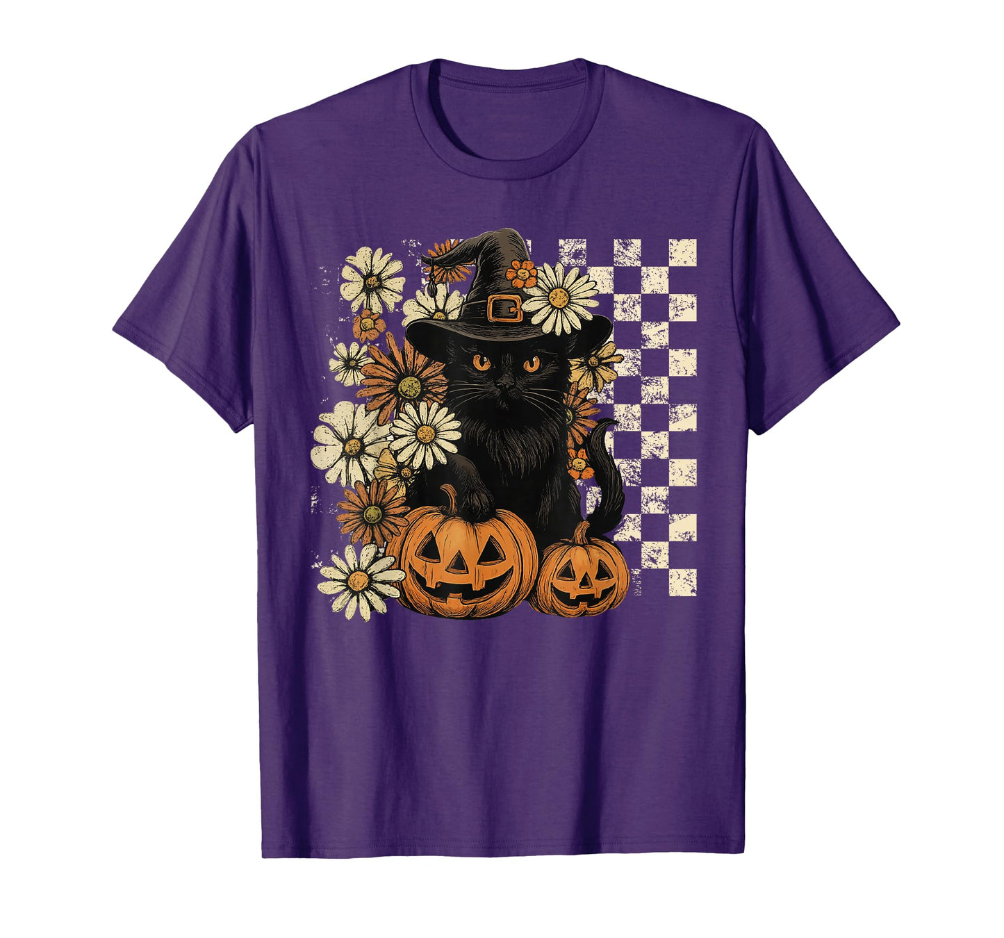 Women Retro Black Cat Witch Scary Halloween Pumpkin Kids T-Shirt