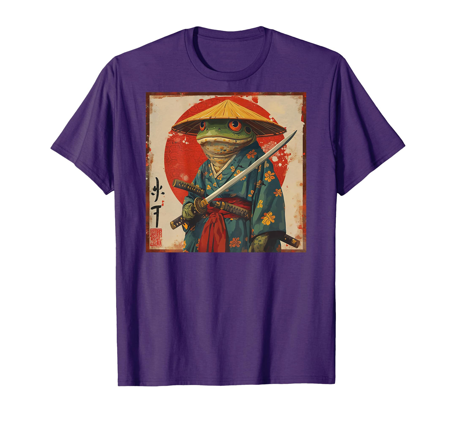 Japanese Woodblock Art: Samurai Frog Japanese kanji on back T-Shirt