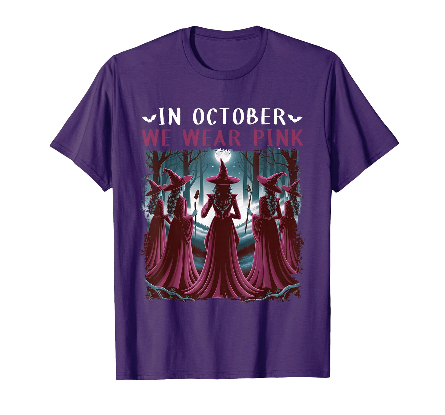 in October We Wear Pink Witch Halloween Breast Cancer Women T-Shirt