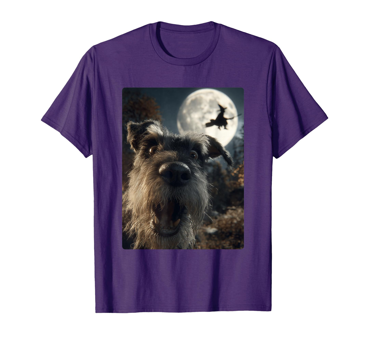 Funny Schnauzer Selfie Full Moon Flying Witch Halloween Dog T-Shirt