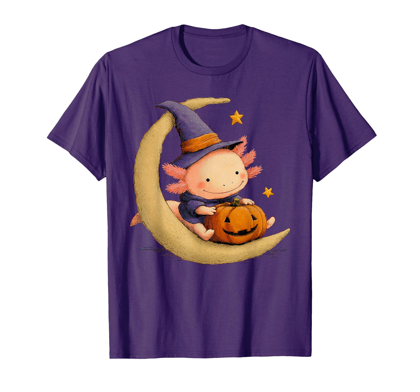 Cute Axolotl Spooky Witch on The Moon Pumpkin Face Kids Girl T-Shirt