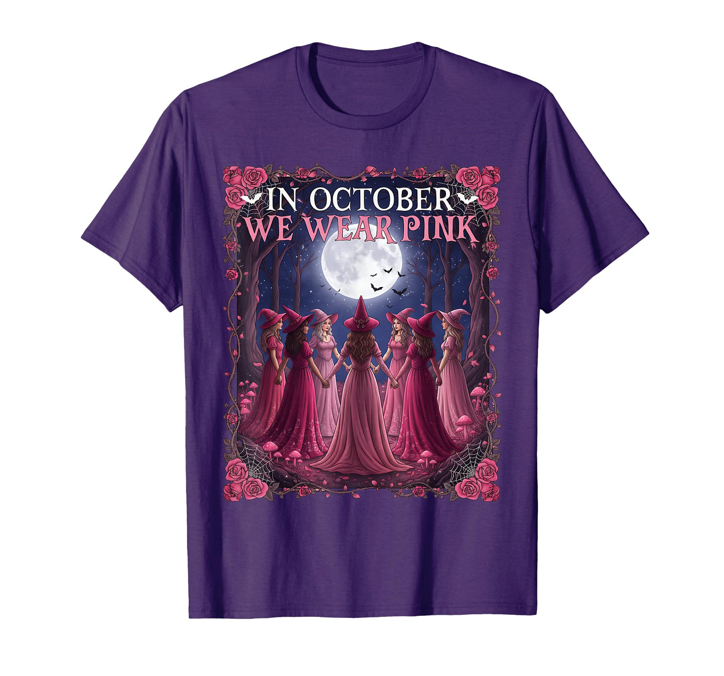 in October We Wear Pink Witch Halloween Breast Cancer T-Shirt
