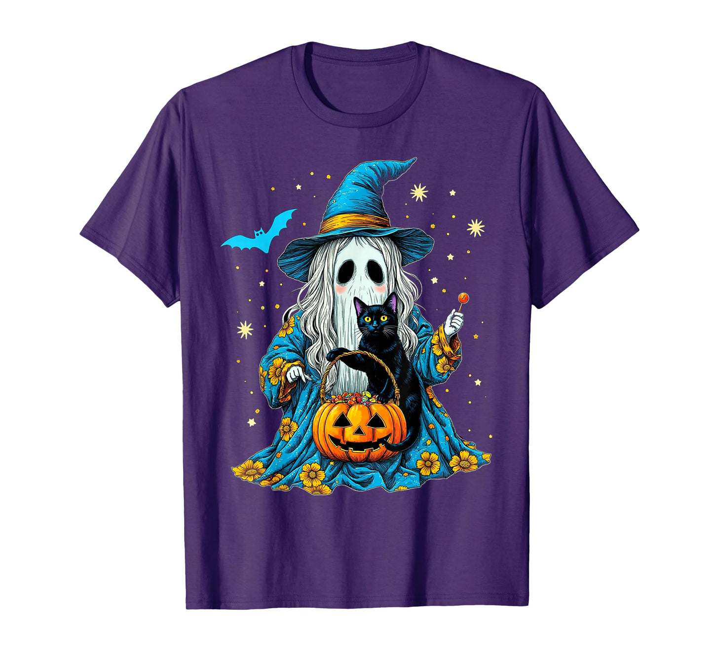Ghost Holding Black Cat Lover Halloween 2025 Groovy Floral T-Shirt