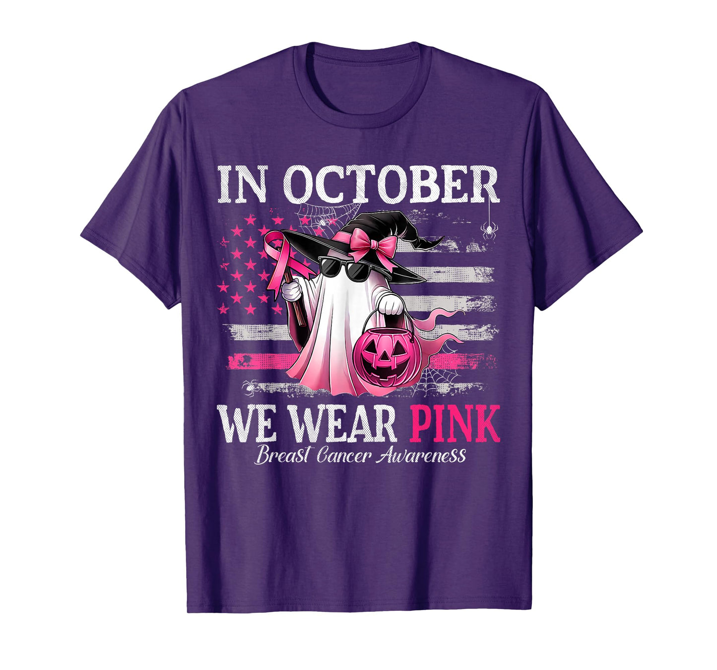 in October We Wear Pink Ghost Witch Breast Cancer Awareness T-Shirt