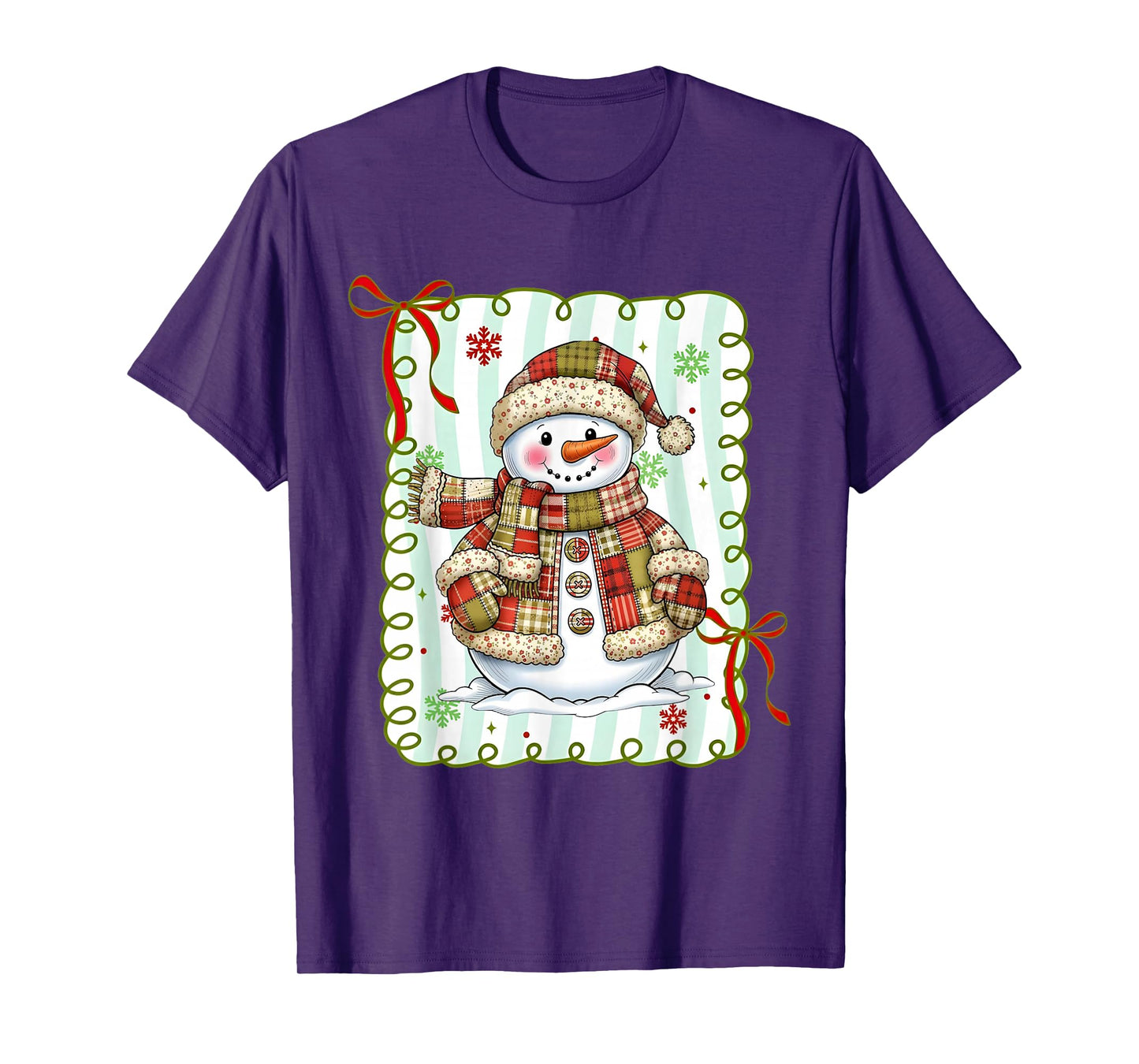 Cute Patchwork Snowman Bow Christmas Xmas Men Women Kids T-Shirt