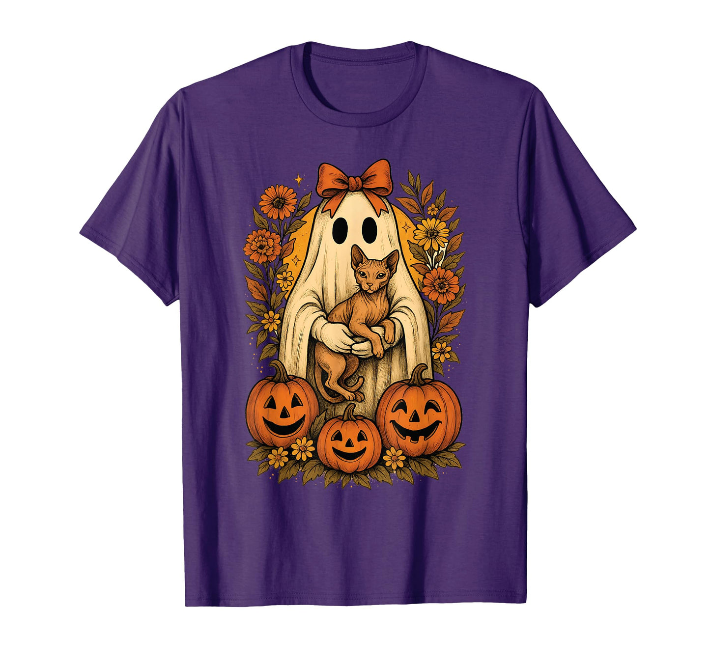 Vintage Ghost Holding Sphynx Cat with Pumpkins Halloween T-Shirt