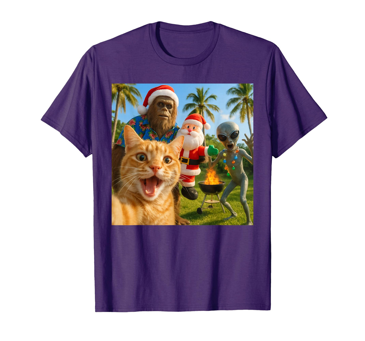 Funny Christmas Cat Selfie with Bigfoot & Alien BBQ Party T-Shirt