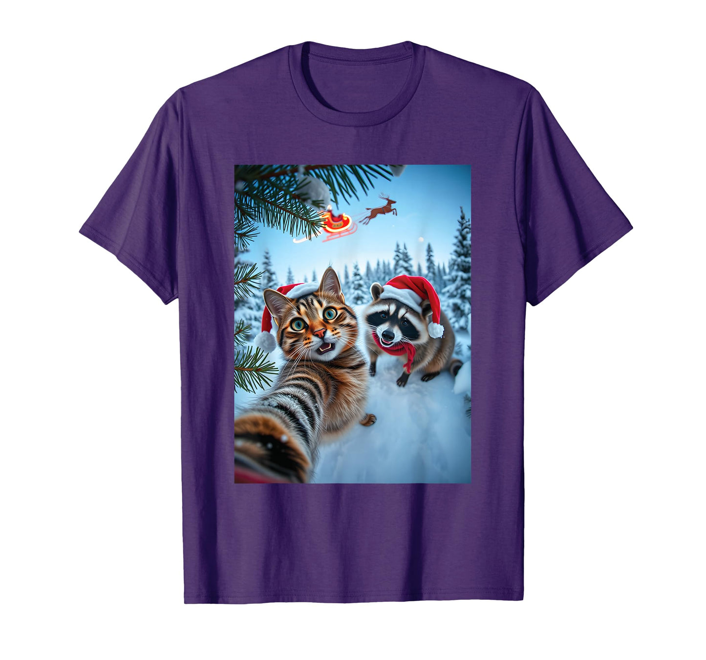 Funny Christmas Santa Raccoon Cat Selfie for Men Women T-Shirt