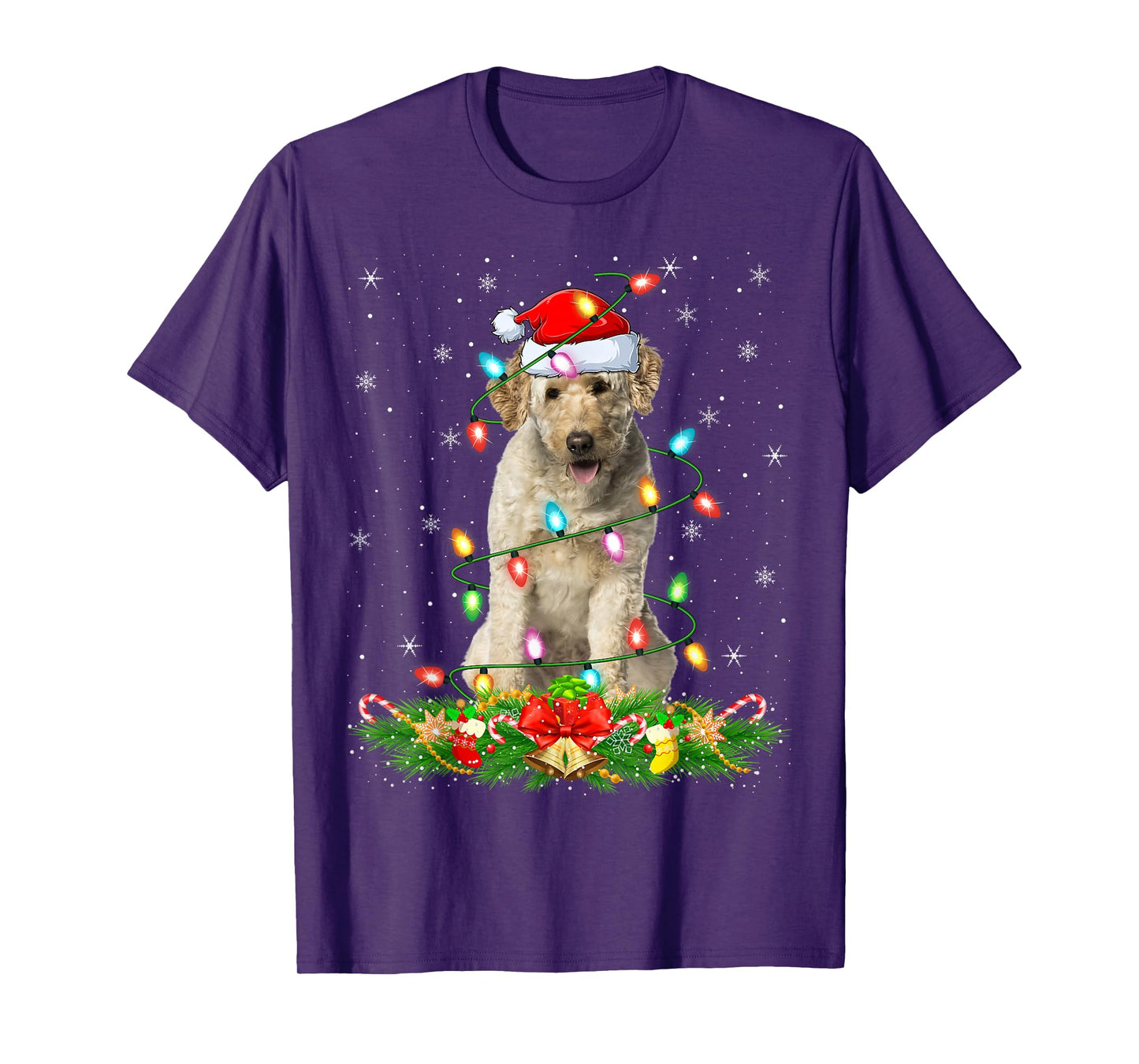 Labradoodle Dog Christmas Lights Funny Santa Hat Xmas T-Shirt