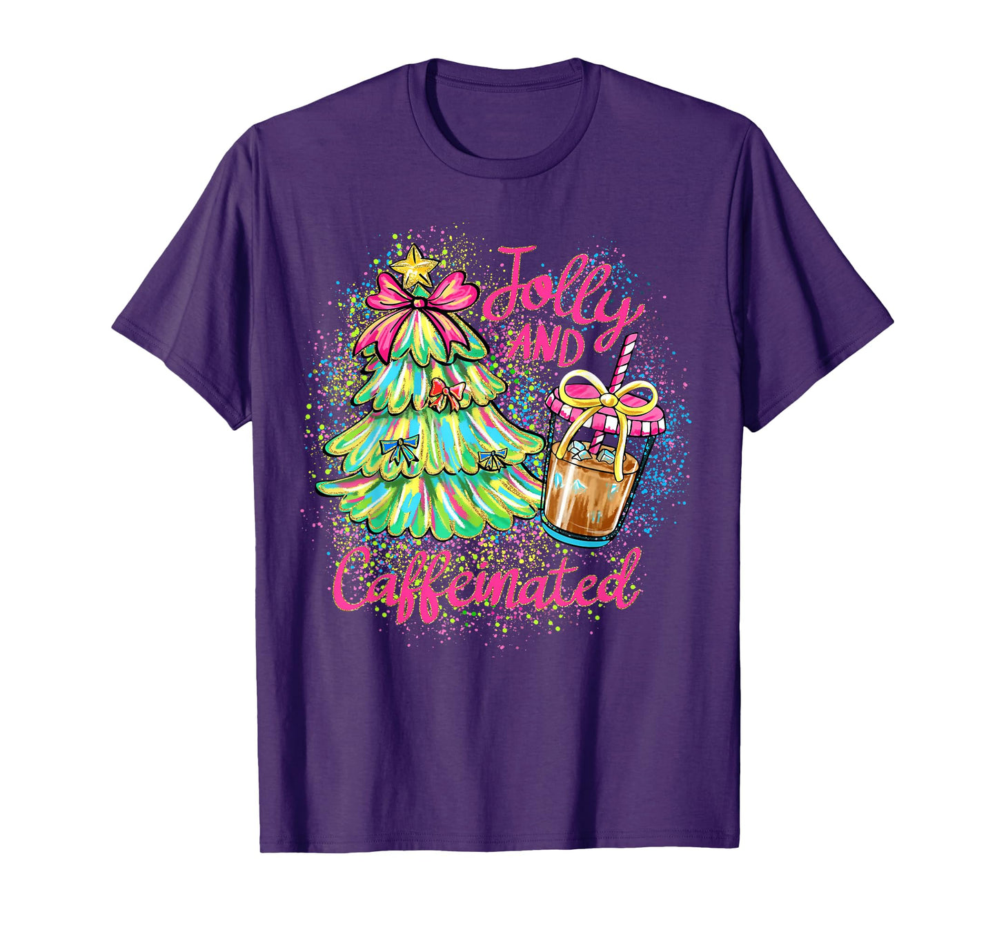 Jolly and Caffeinated Christmas Tree Coquette Bow Coffee T-Shirt