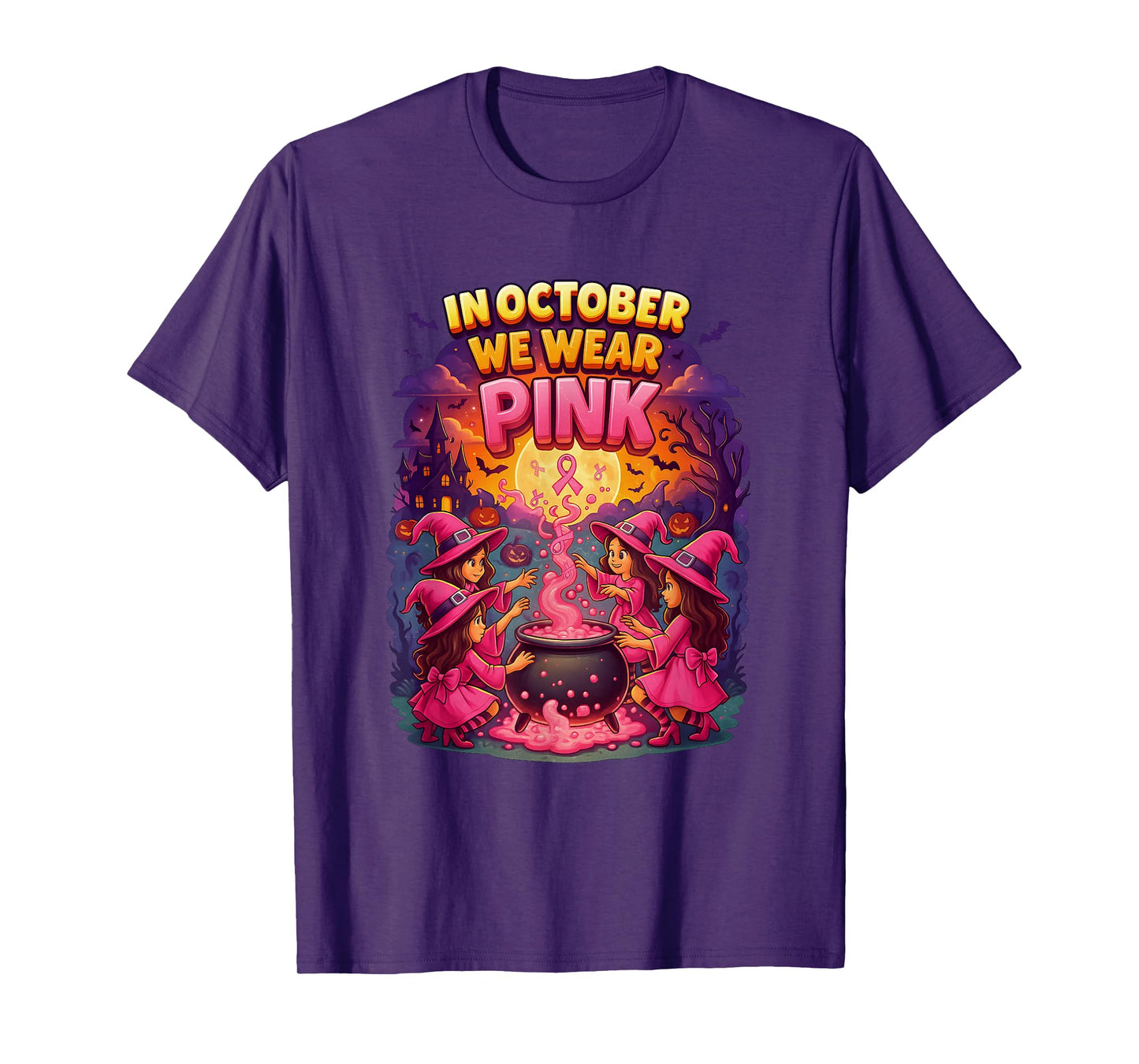 October We Wear Pink Witch Halloween Breast Cancer Awareness T-Shirt