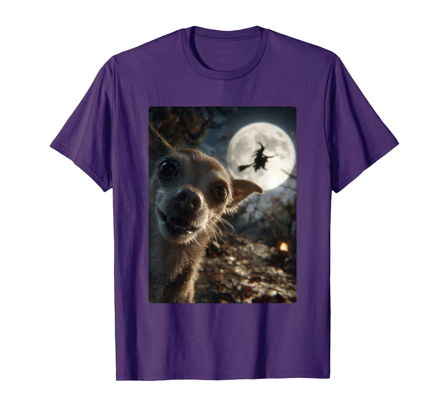 Funny Chihuahua Selfie Full Moon Flying Witch Halloween Dog T-Shirt