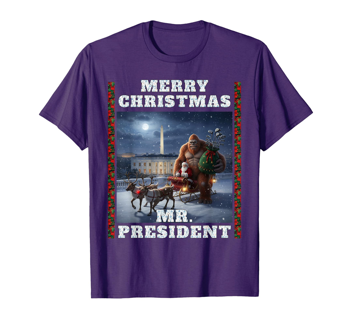 Bigfoot Santa Golf Clubs Merry Christmas Mr President Sleigh T-Shirt