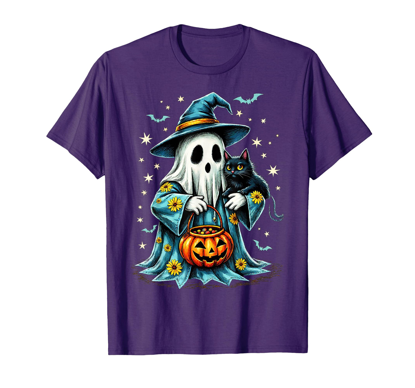 Ghost Holding Black Cat Lover Halloween 2025 Groovy Floral T-Shirt