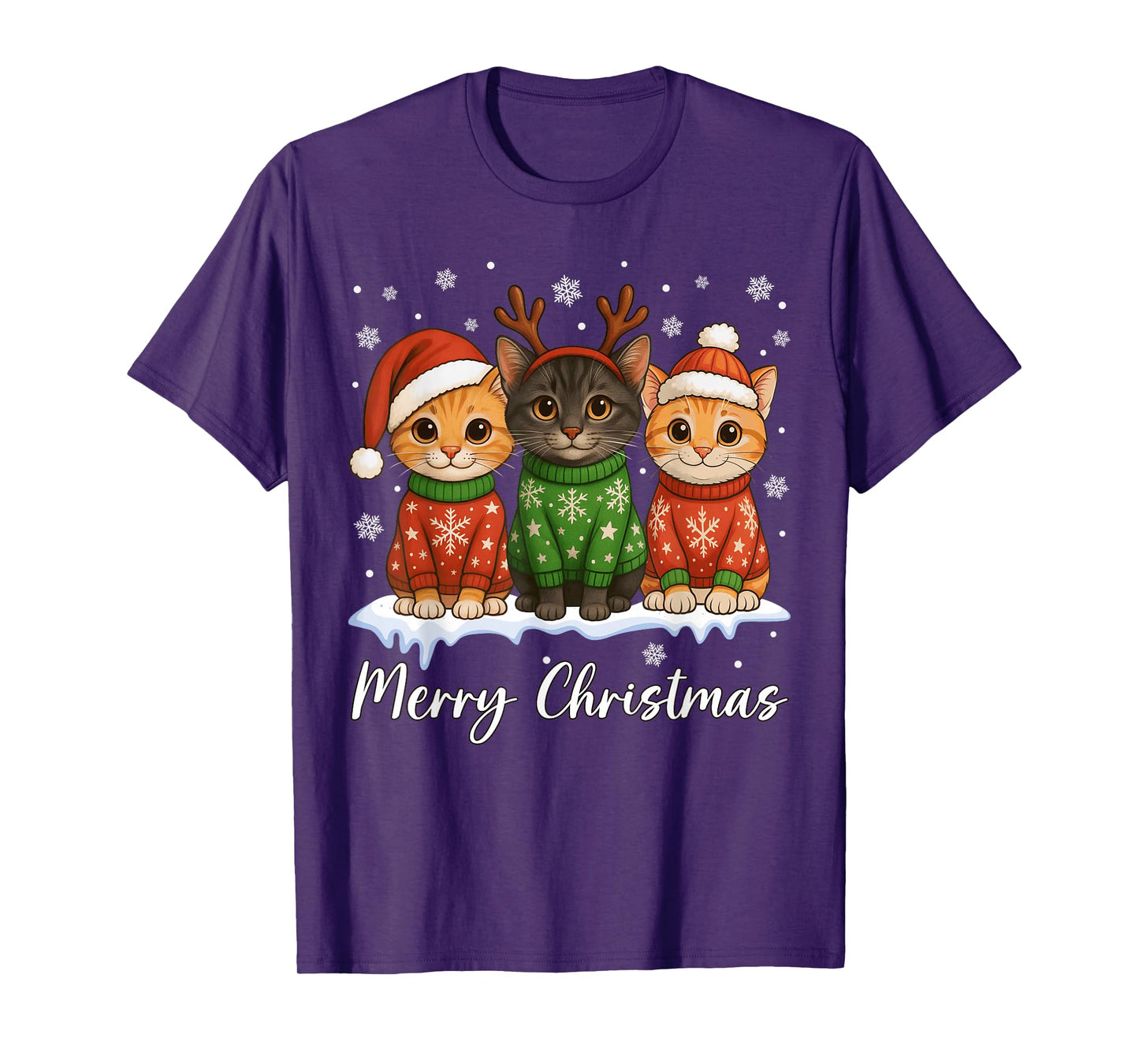 Cat Christmas Light Reindeer Santa Christmas Cat Lover T-Shirt