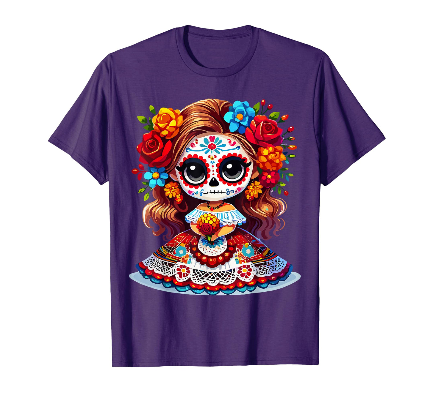 Cute Catrina Doll with Flowers Sugar Skull Halloween Costume T-Shirt