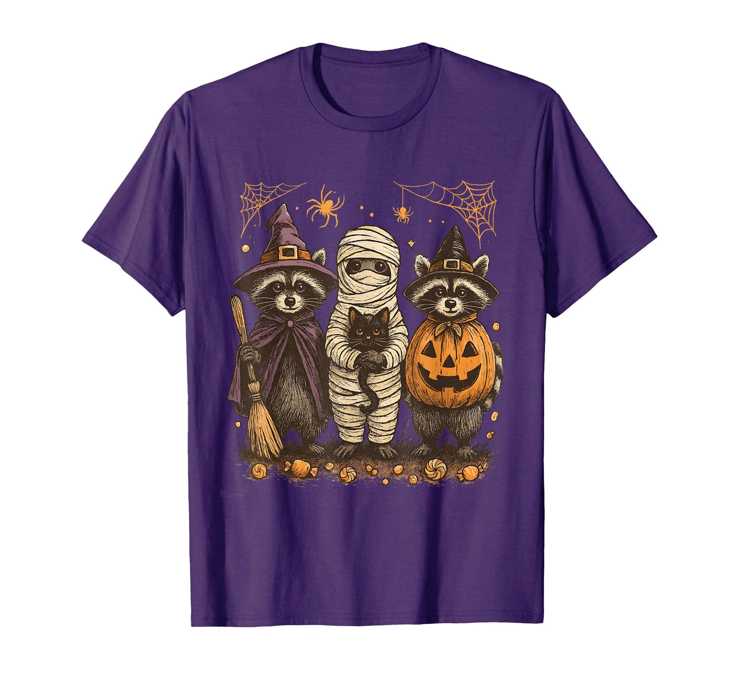 Spooky and Feral Halloween Raccoon Holding Cat Spooky Season T-Shirt
