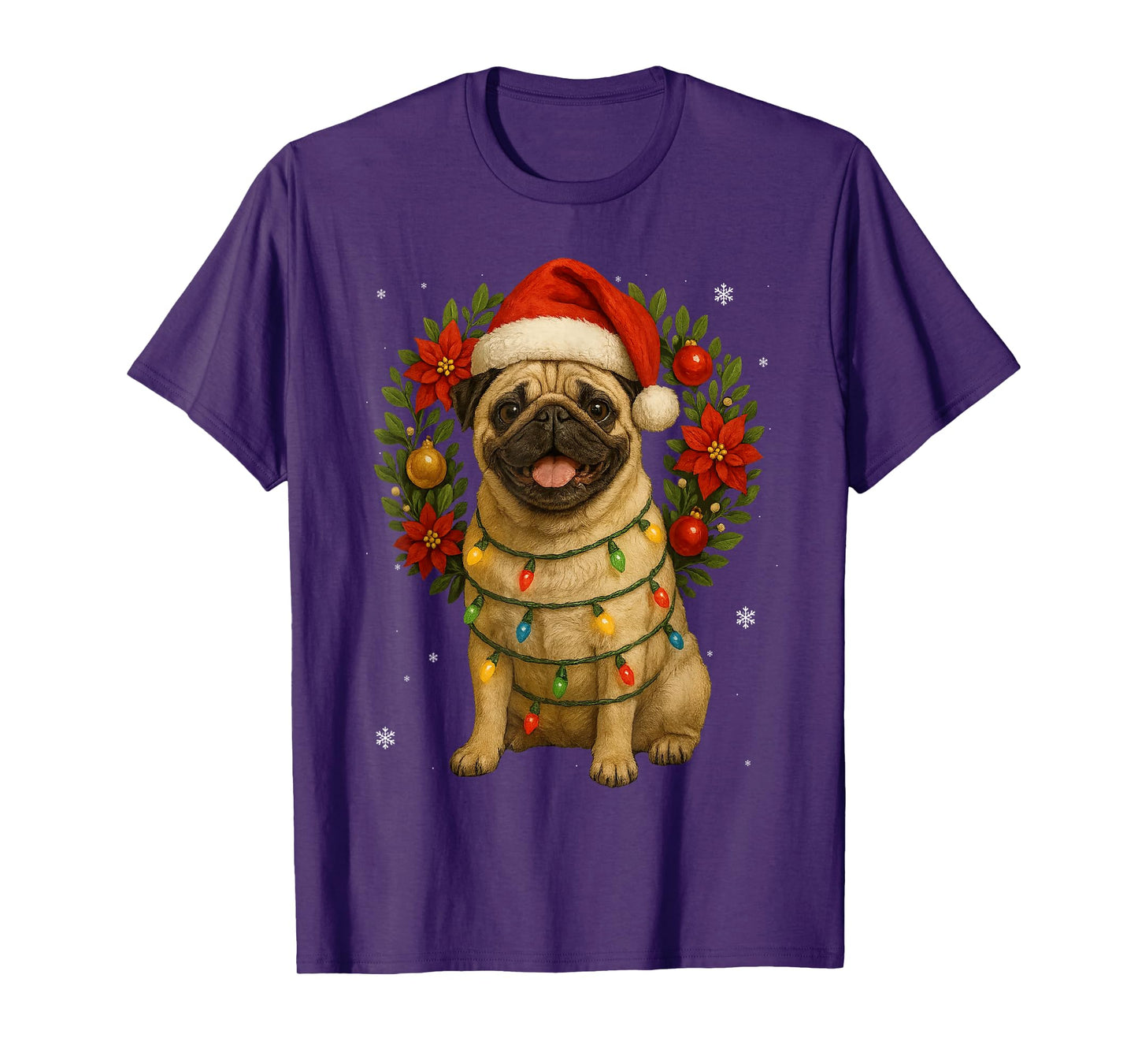Cute Pug Festive Dog Lights Christmas Wreath Xmas Holidays T-Shirt