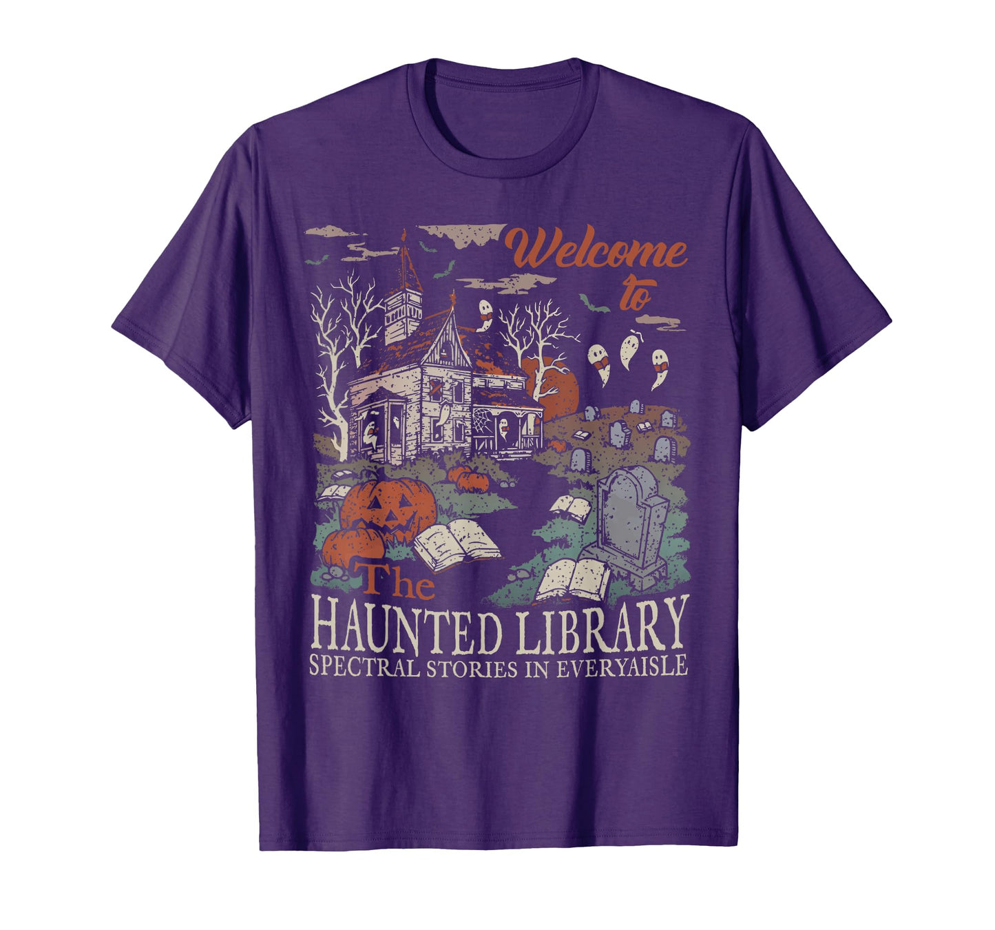 Retro Welcome To The Haunted Library Book Lovers Halloween T-Shirt