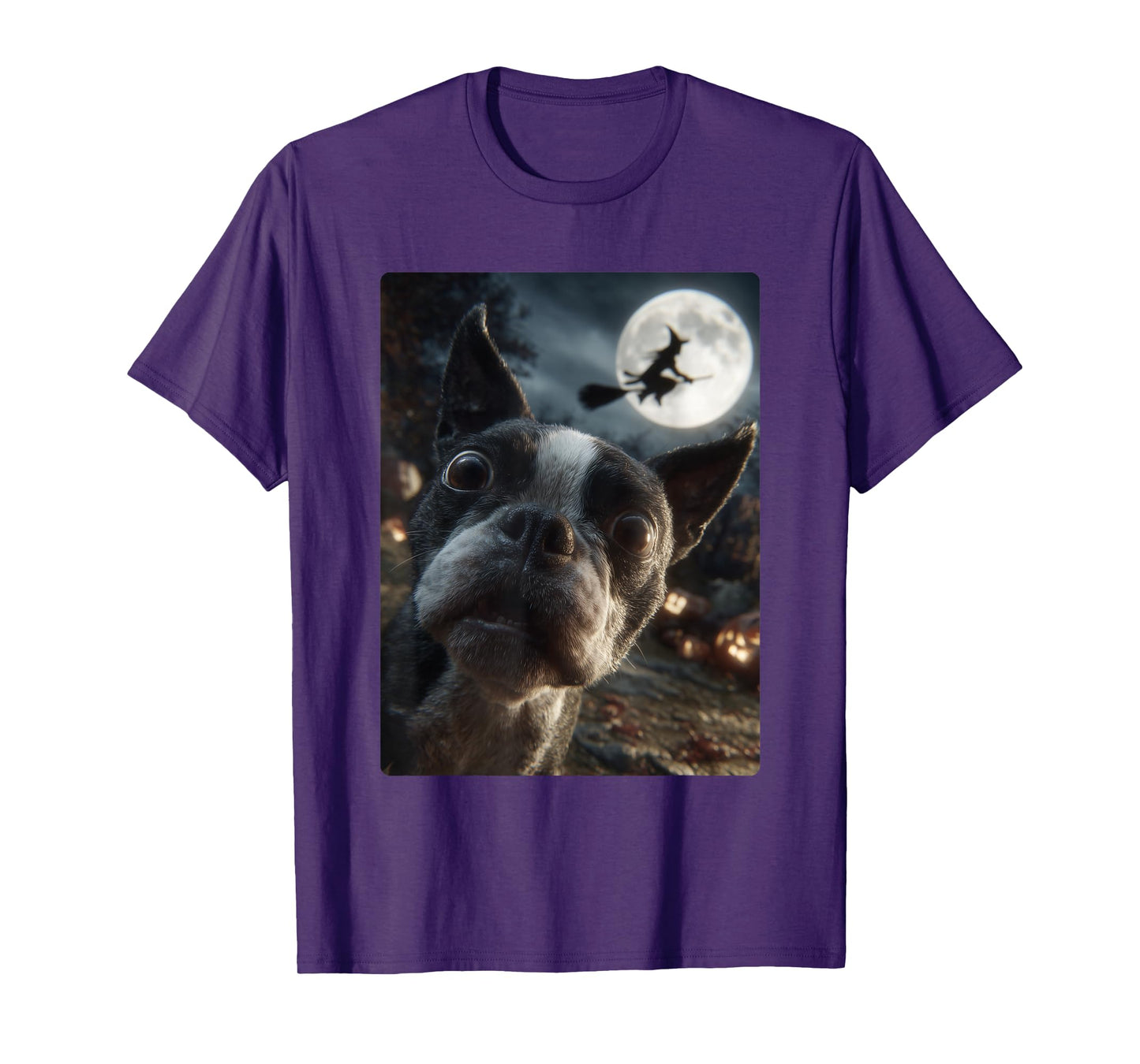 Boston Terrier Selfie Full Moon Flying Witch Halloween Dog T-Shirt