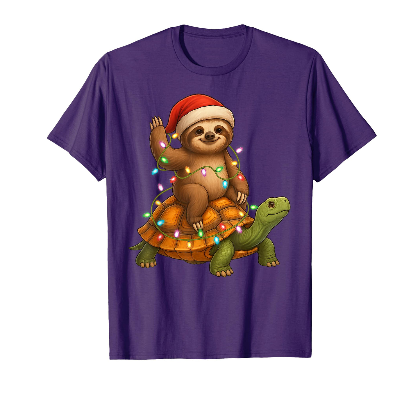 Sloth Riding Turtle Christmas Tees Snow Xmas Lights Pajamas T-Shirt