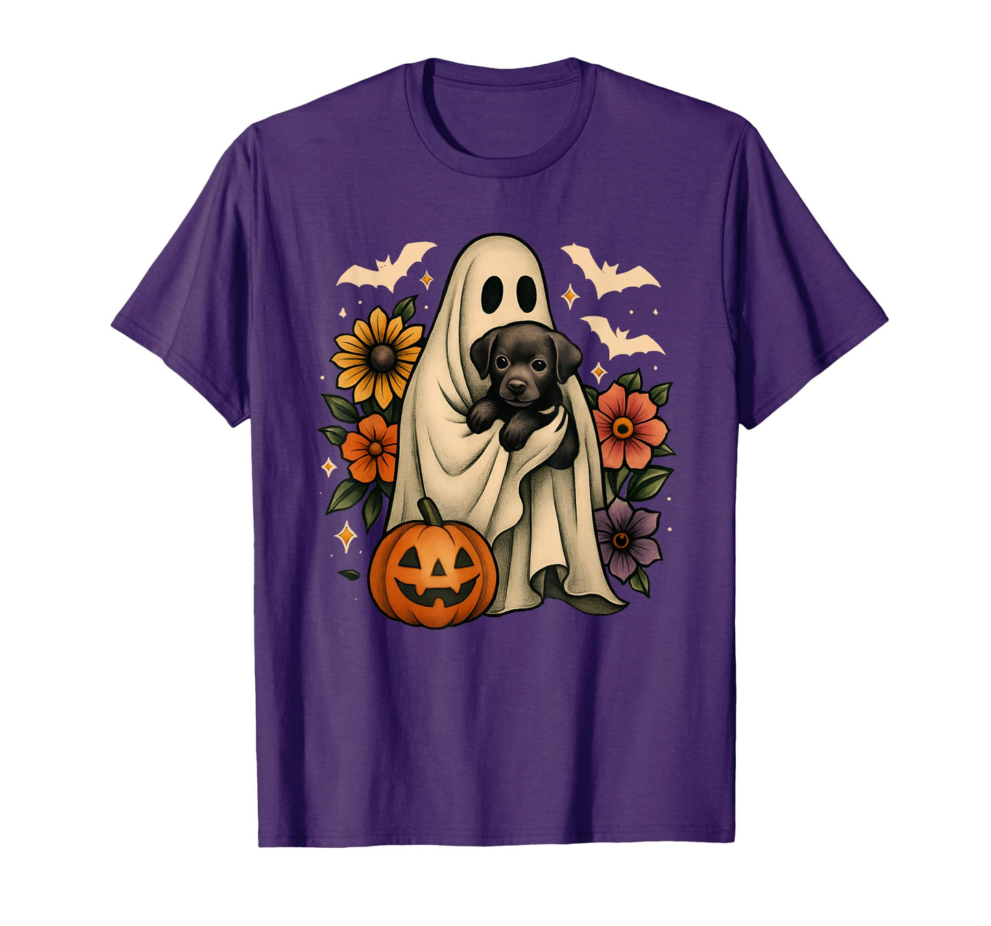 Floral Ghost Black Dog Coquette Funny Halloween Design T-Shirt