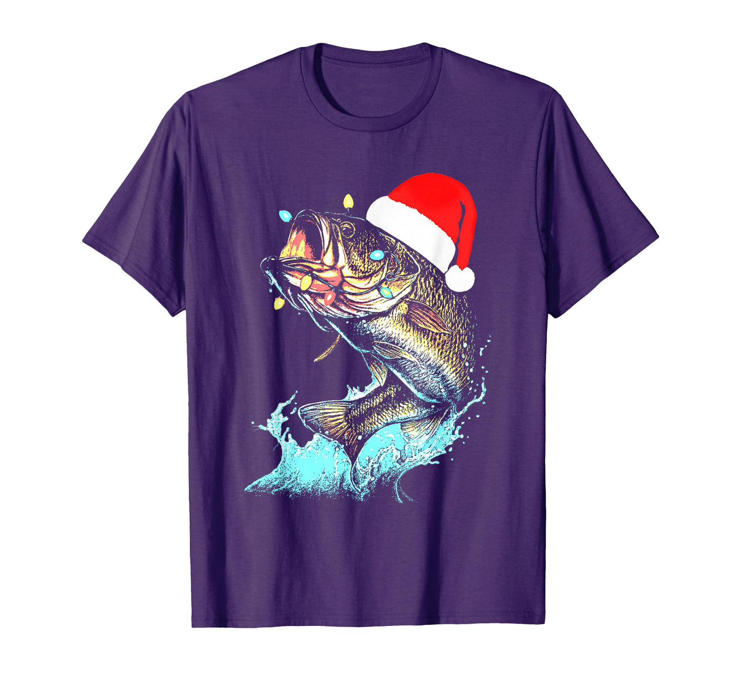 Christmas Dad Bass Fish Funny Fishing Santa Hat Lights Men T-Shirt