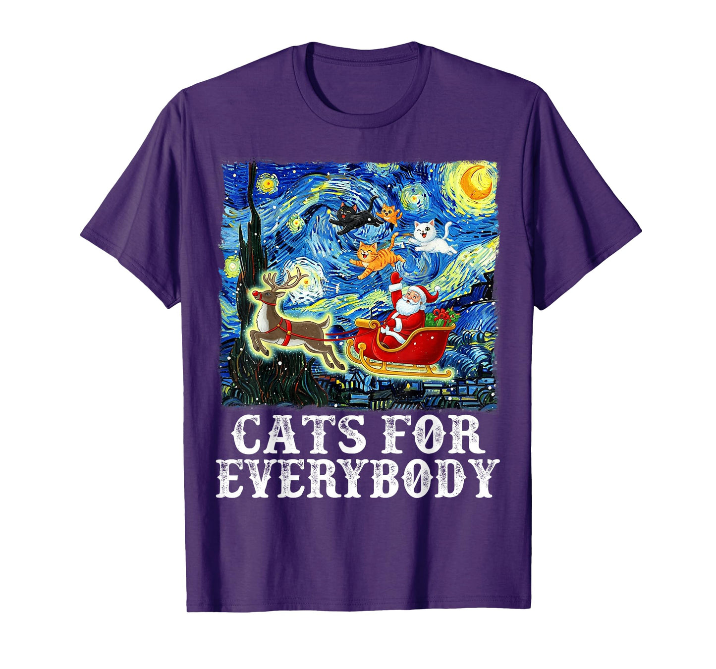 Santa Sleigh Christmas Cats for Everybody Starry Night Xmas T-Shirt