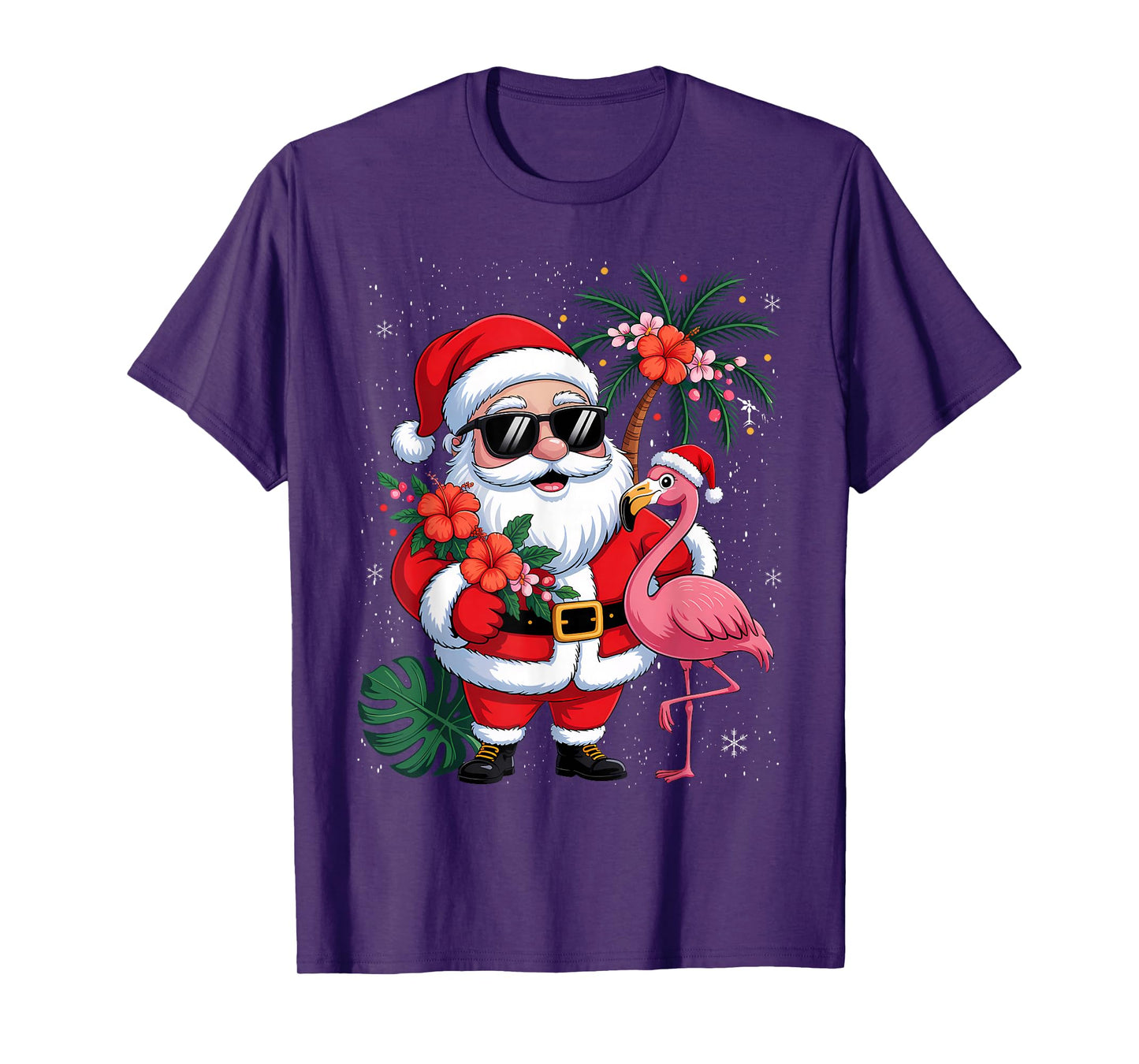 Santa Flamingo Palm Tree Funny Floral Retro Hawaii Christmas T-Shirt