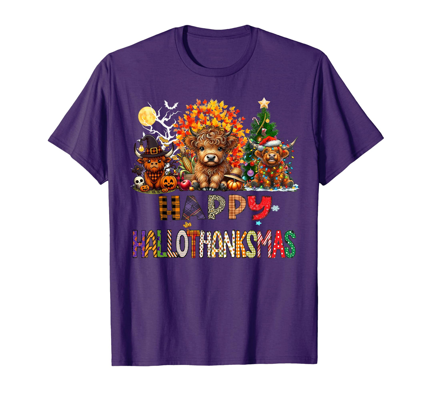 Happy Halloween Thanksgiving Christmas Highland Cow Holiday T-Shirt
