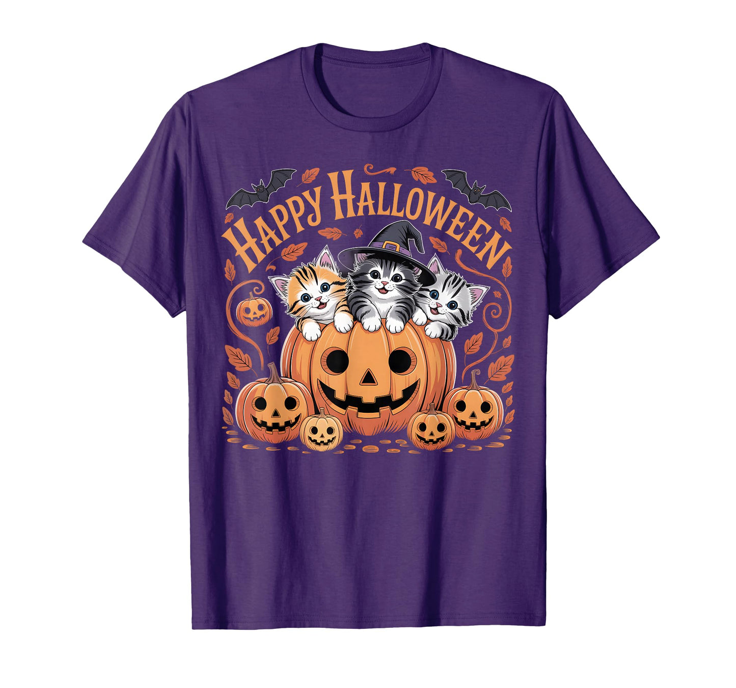 Happy Halloween Cats in Pumpkin with Witch Hat Design T-Shirt