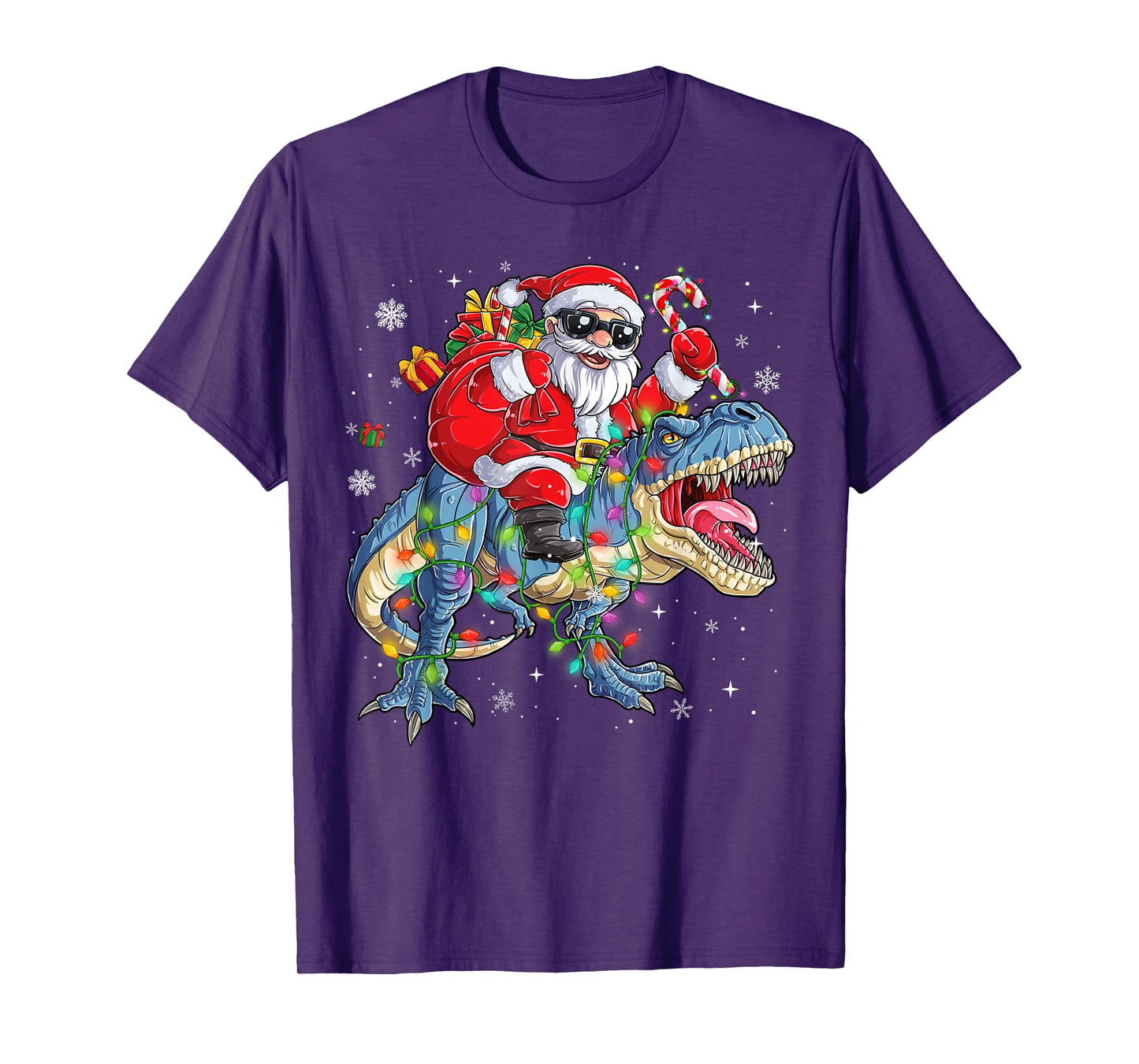 Christmas Santa Riding Dinosaur Funny Xmas Lights T-Shirt