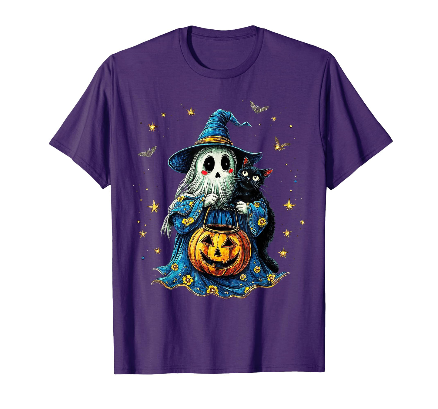 Ghost Holding Black Cat Lover Halloween 2025 Groovy Floral T-Shirt