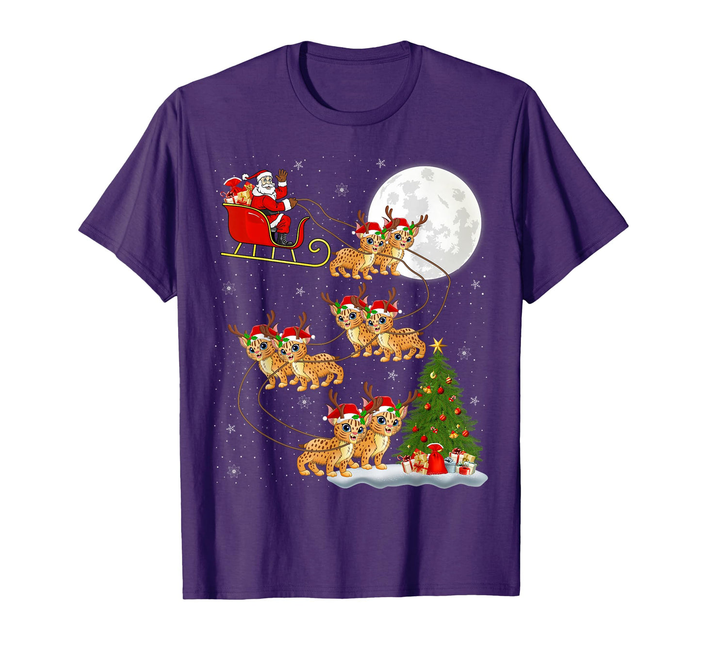 Bobcat Lynx Santa Sleigh Flying Funny Magical Christmas T-Shirt