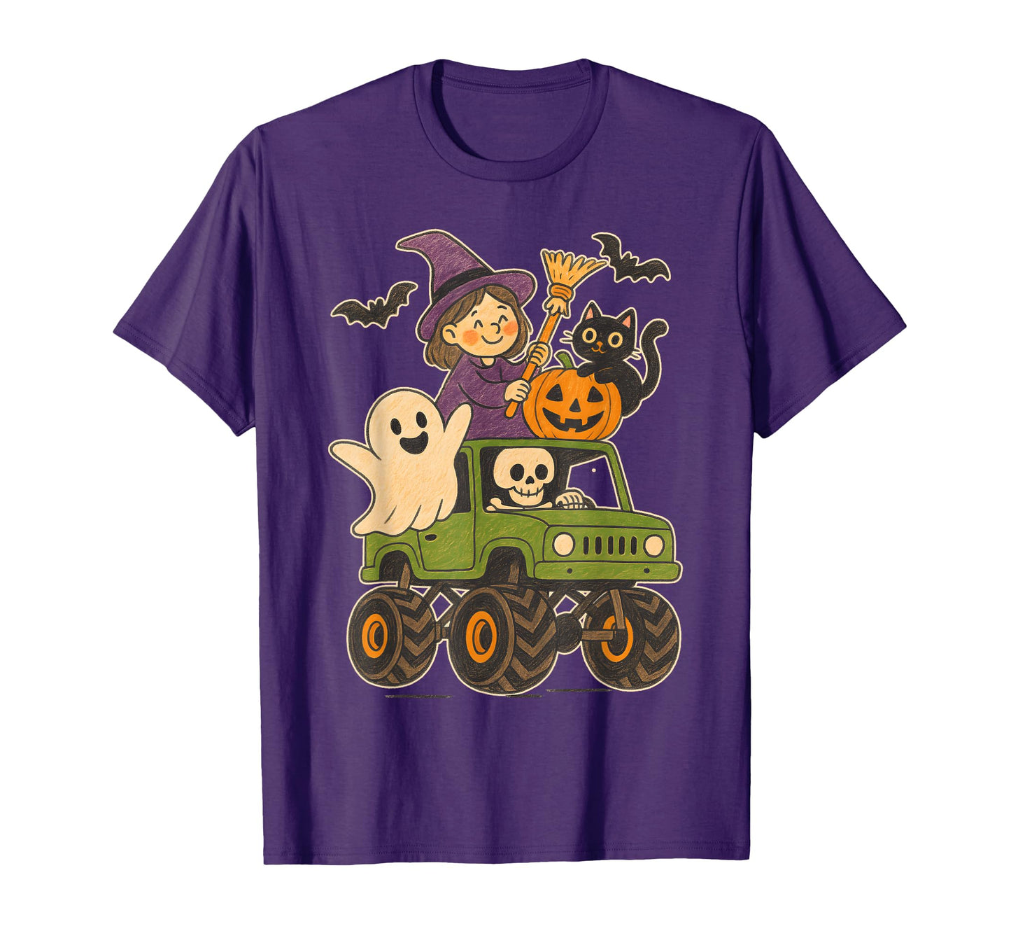 Skeleton Witch Cat Ghost Pumpkin Kids Funny Halloween T-Shirt