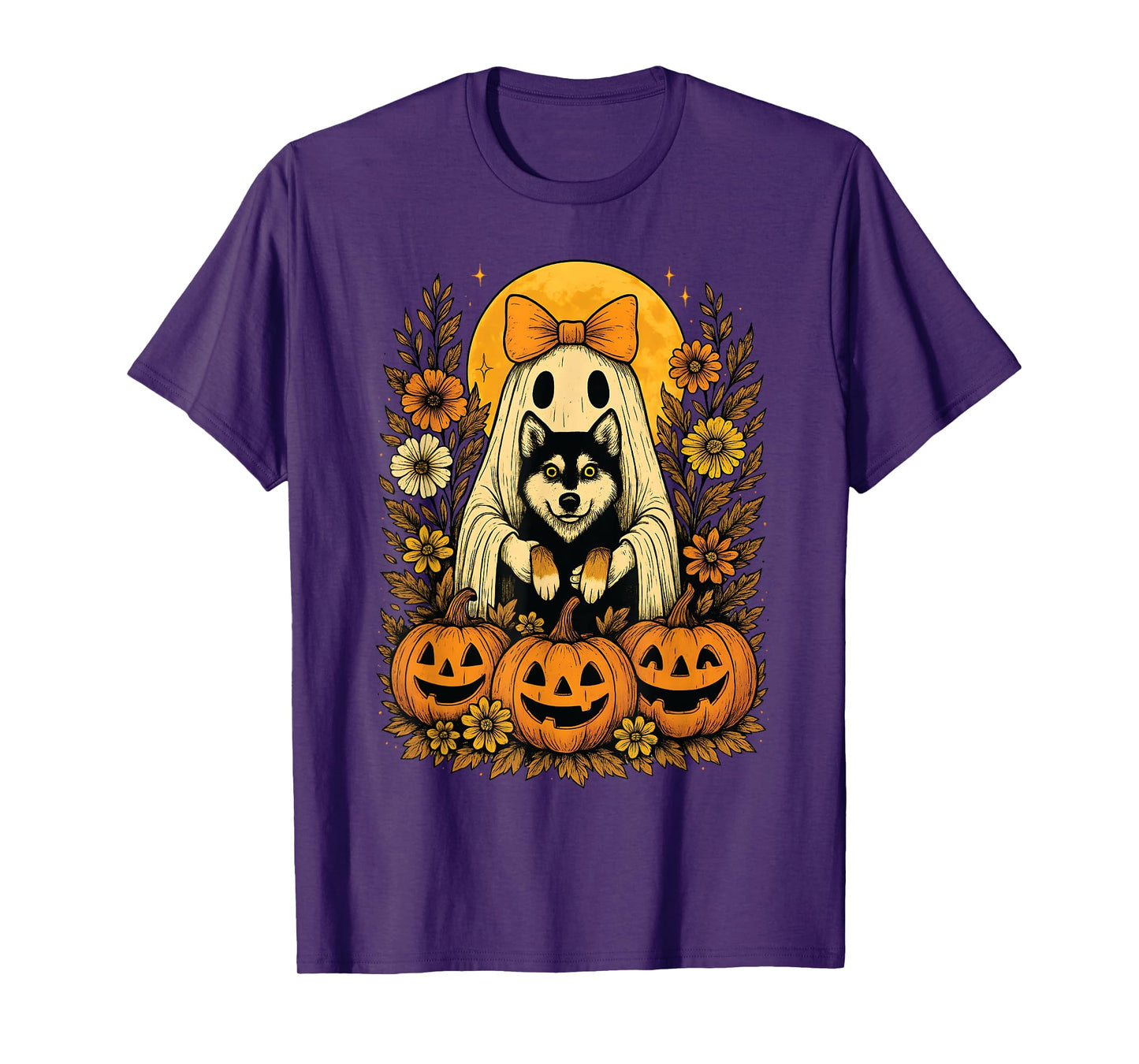 Vintage Halloween Ghost Holding Siberian Husky Dog T-Shirt