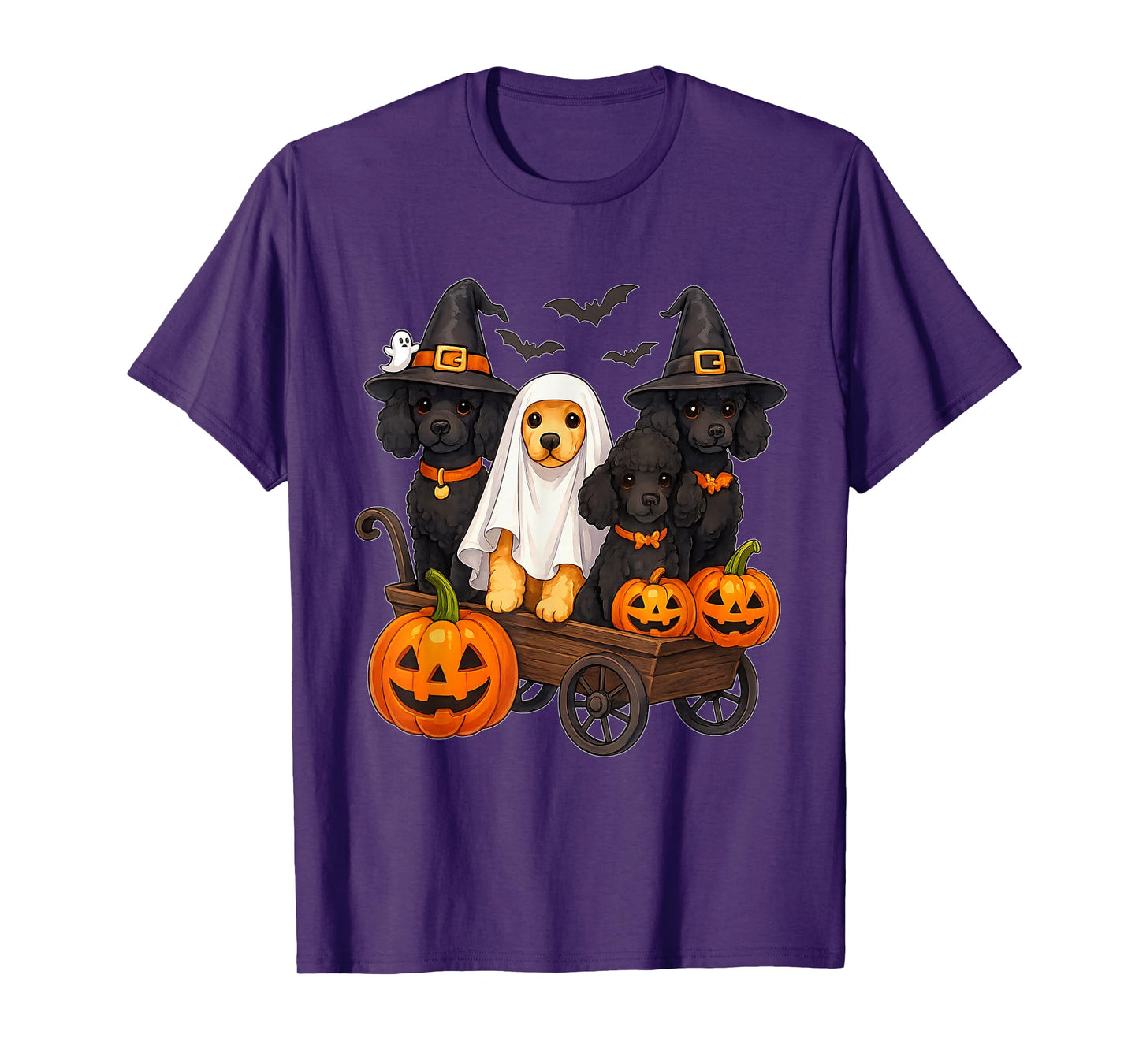 Halloween Poodle Dogs Ghost Witch Pumpkins Wooden Wagon Cute T-Shirt