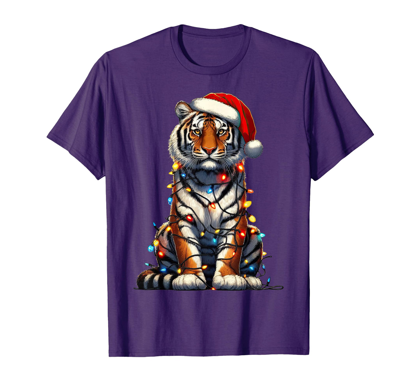 Tiger Christmas Lights Funny Santa Hat Merry Xmas T-Shirt