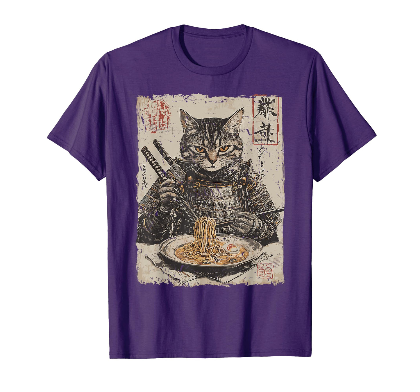 Samurai Cat Loves Ramen Funny Anime Japanese Artwork Samurai T-Shirt
