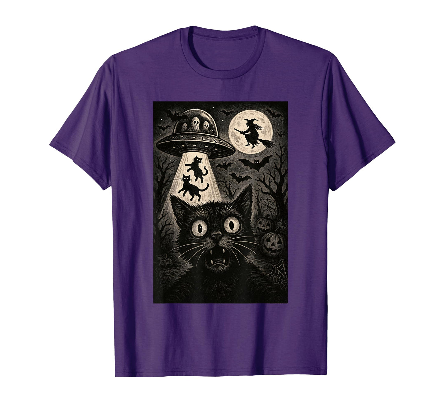 Halloween Cat Selfie Spooky Night Alien Abduction Cats UFO T-Shirt
