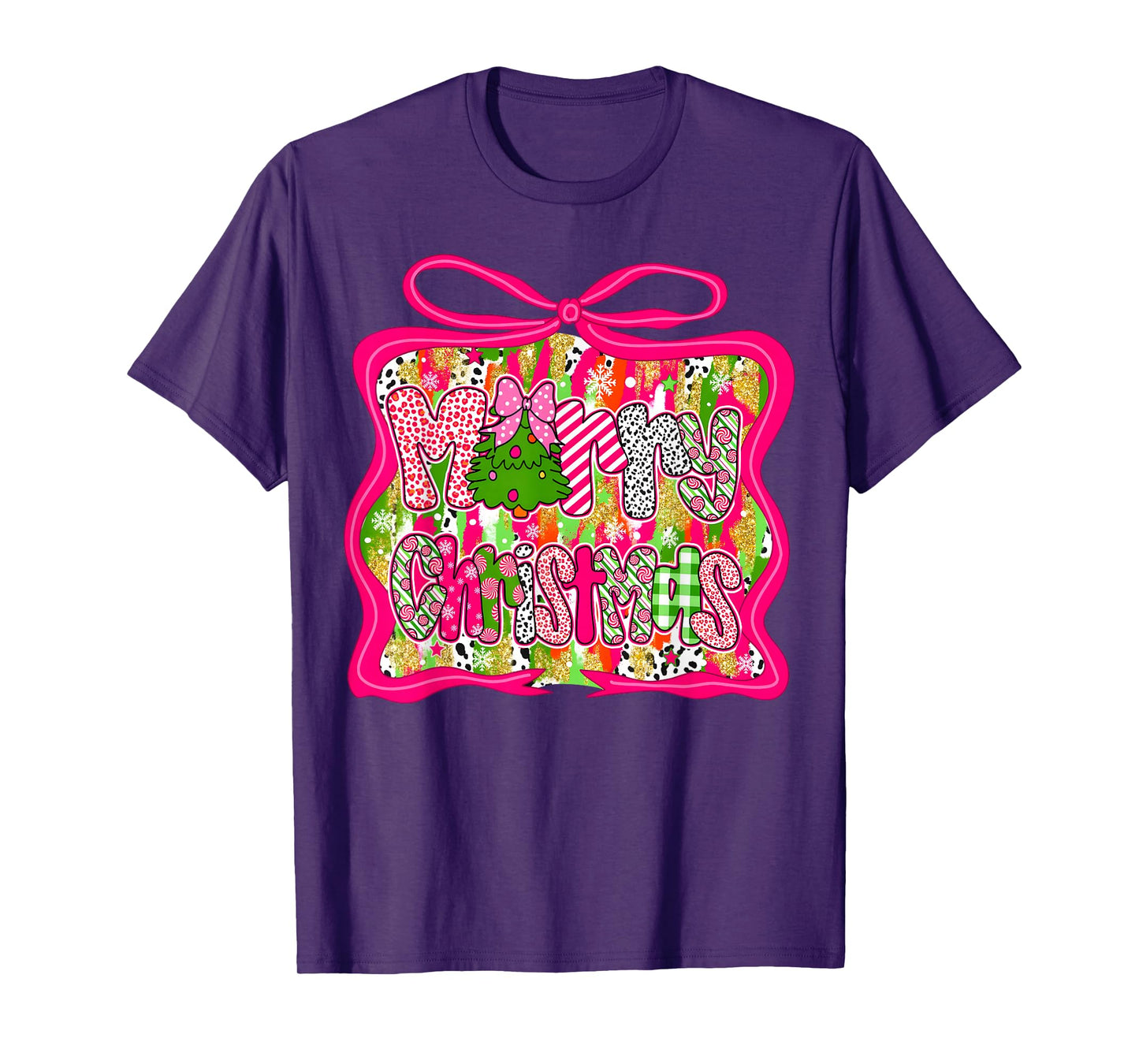Coquette Pink Bow Merry Christmas Tree Xmas Pajamas Holiday T-Shirt