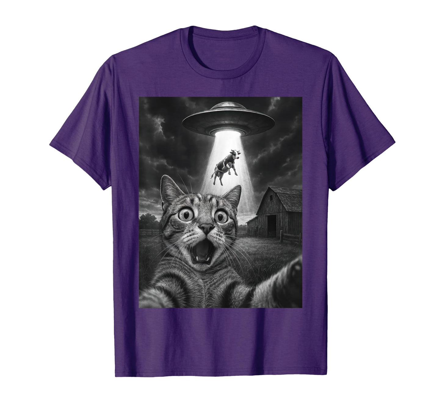 Cat Selfie With Alien and Cow - Funny Cat UFO T-Shirt for Men Women Kids