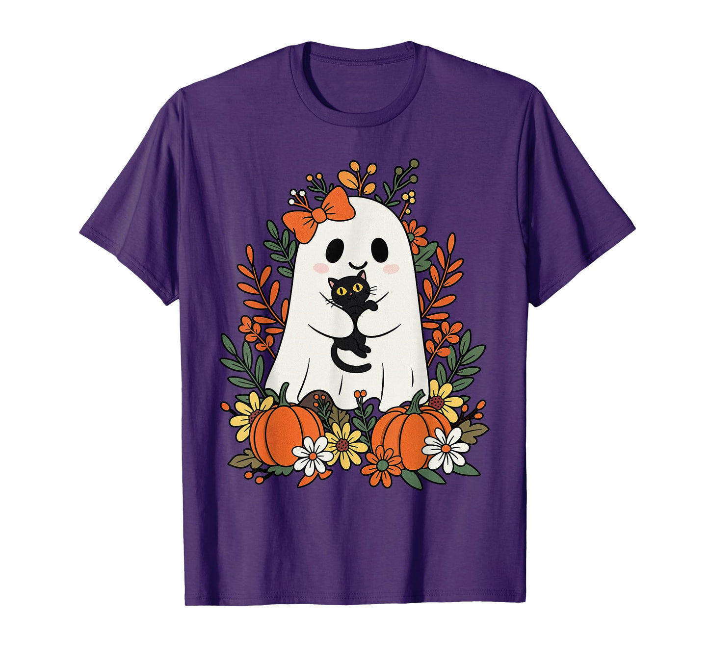 Vintage Cute Ghost with Black Cat and Pumpkins Halloween T-Shirt