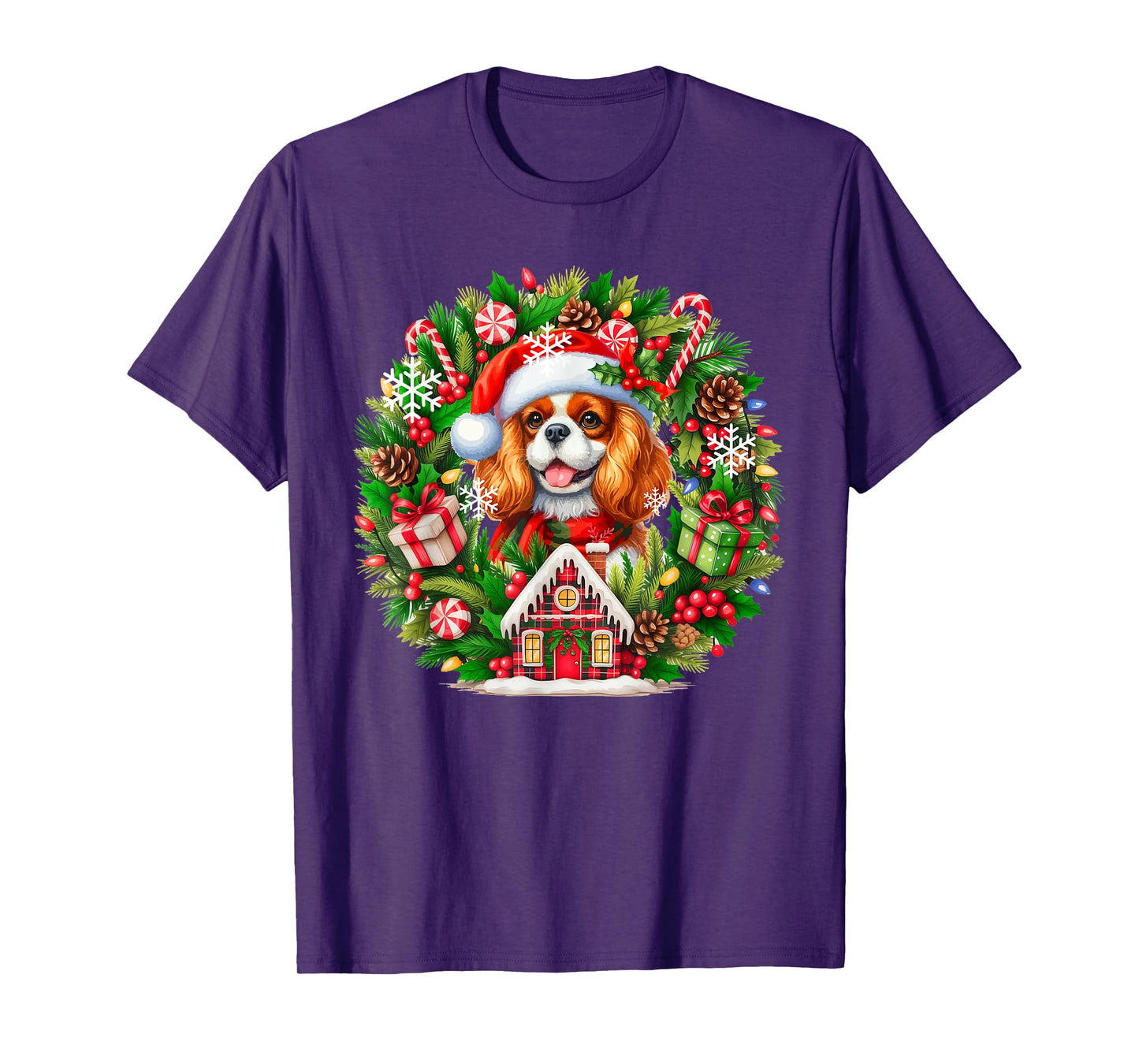 Santa Cavalier King Charles Spaniel Christmas Floral Circle T-Shirt