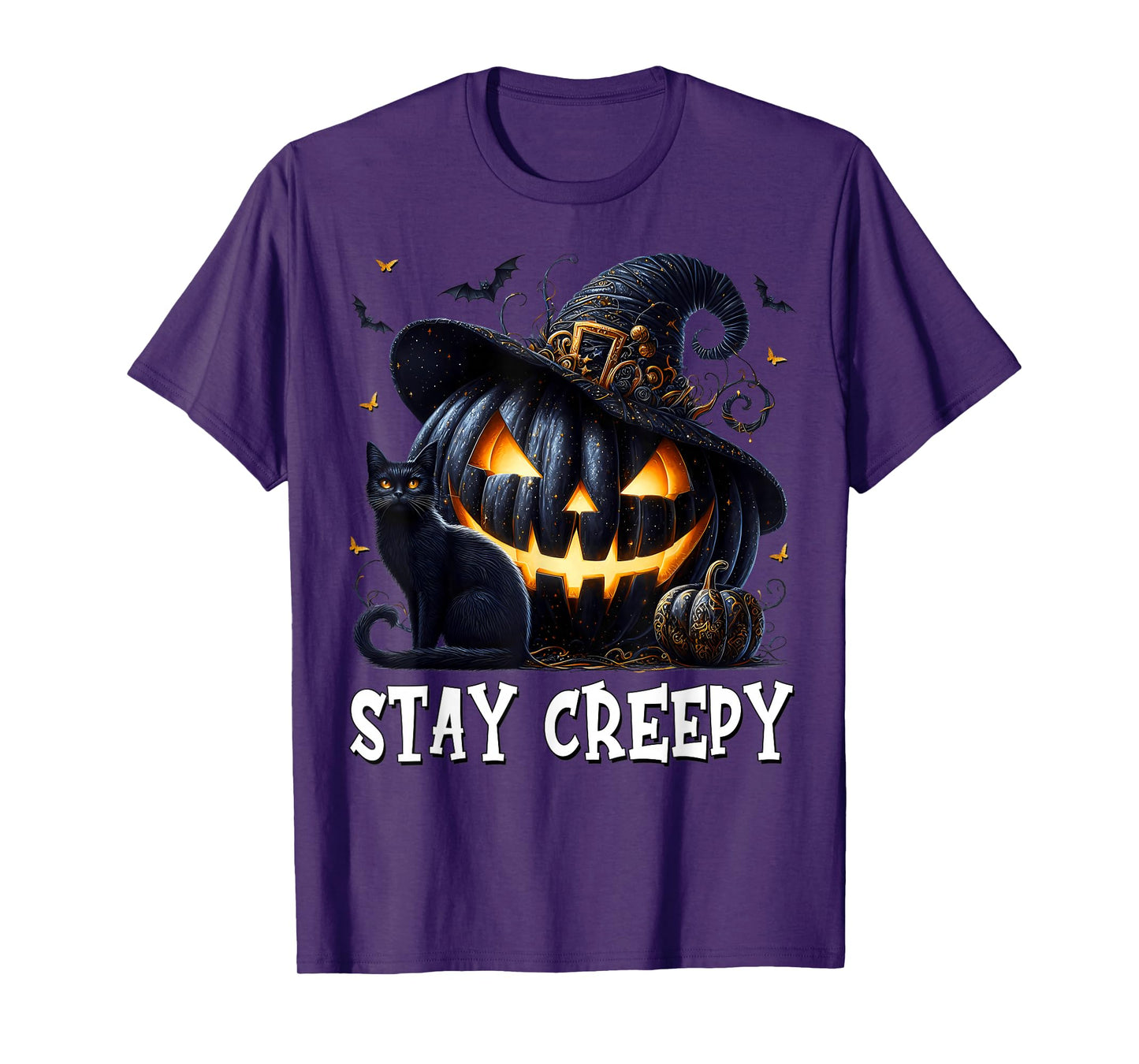 Stay Creepy Halloween Cat Lover Pumpkin Graphic for Goth Mom T-Shirt
