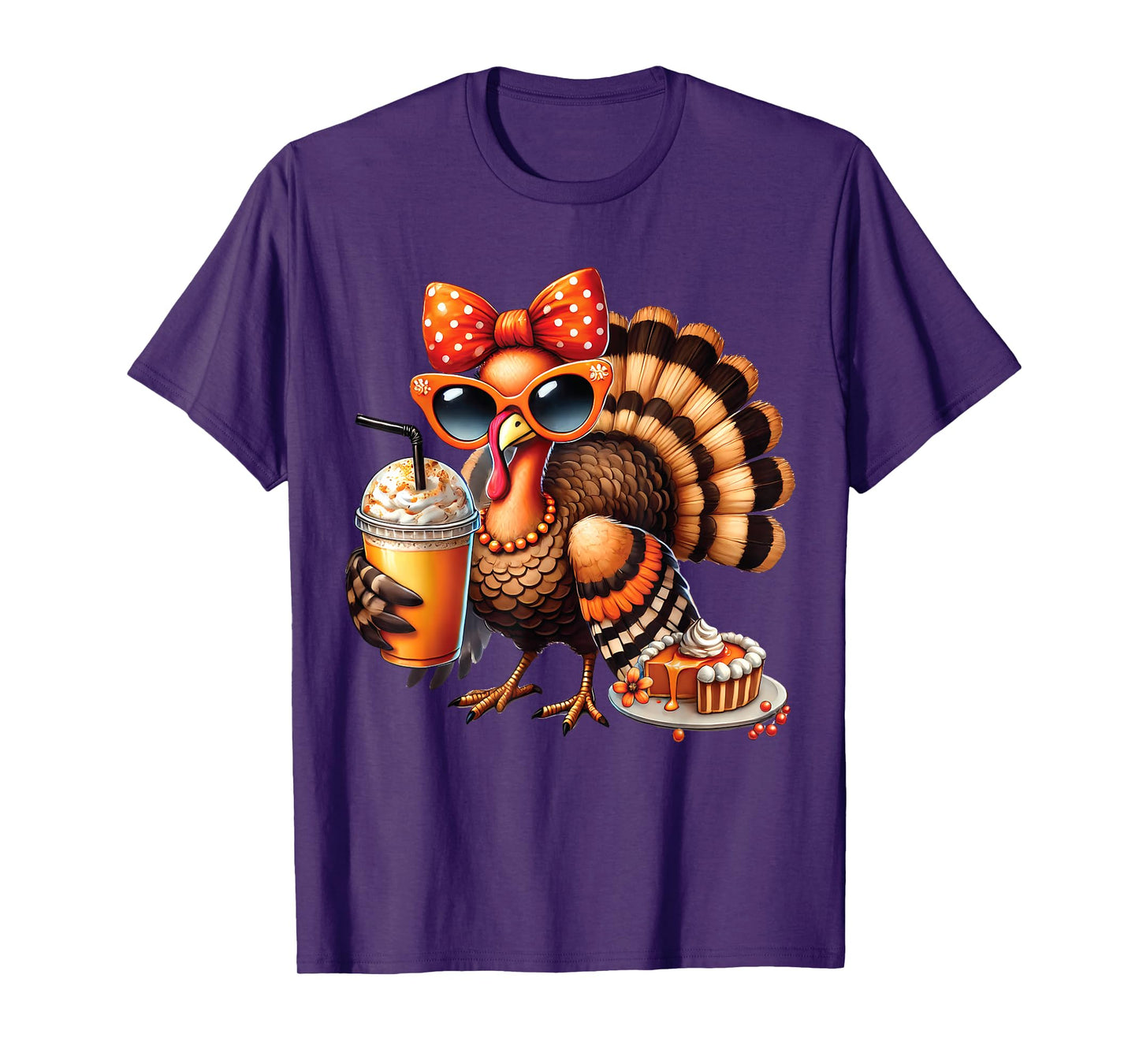Turkey Drinking Coffee Bow Thanksgiving Womens Turkey Day T-Shirt