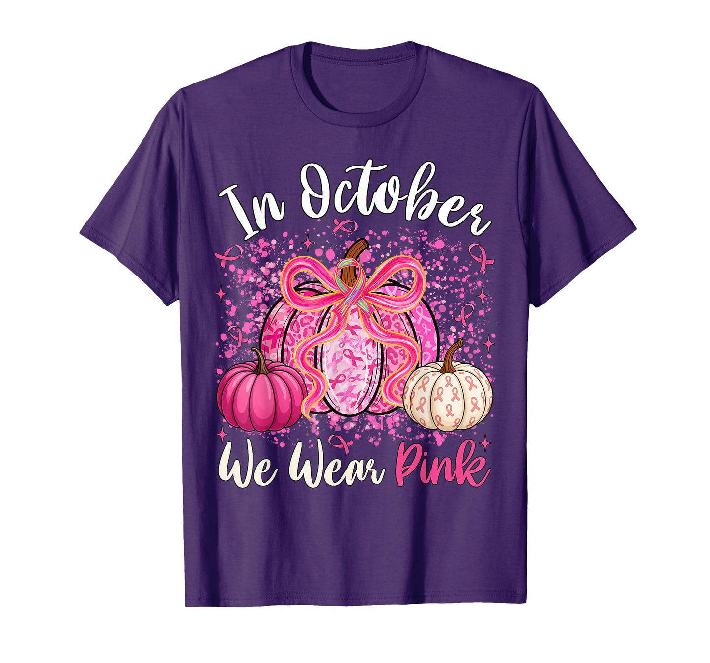 in October We Wear Pink Pumpkin Coquette Bow Breast Cancer T-Shirt
