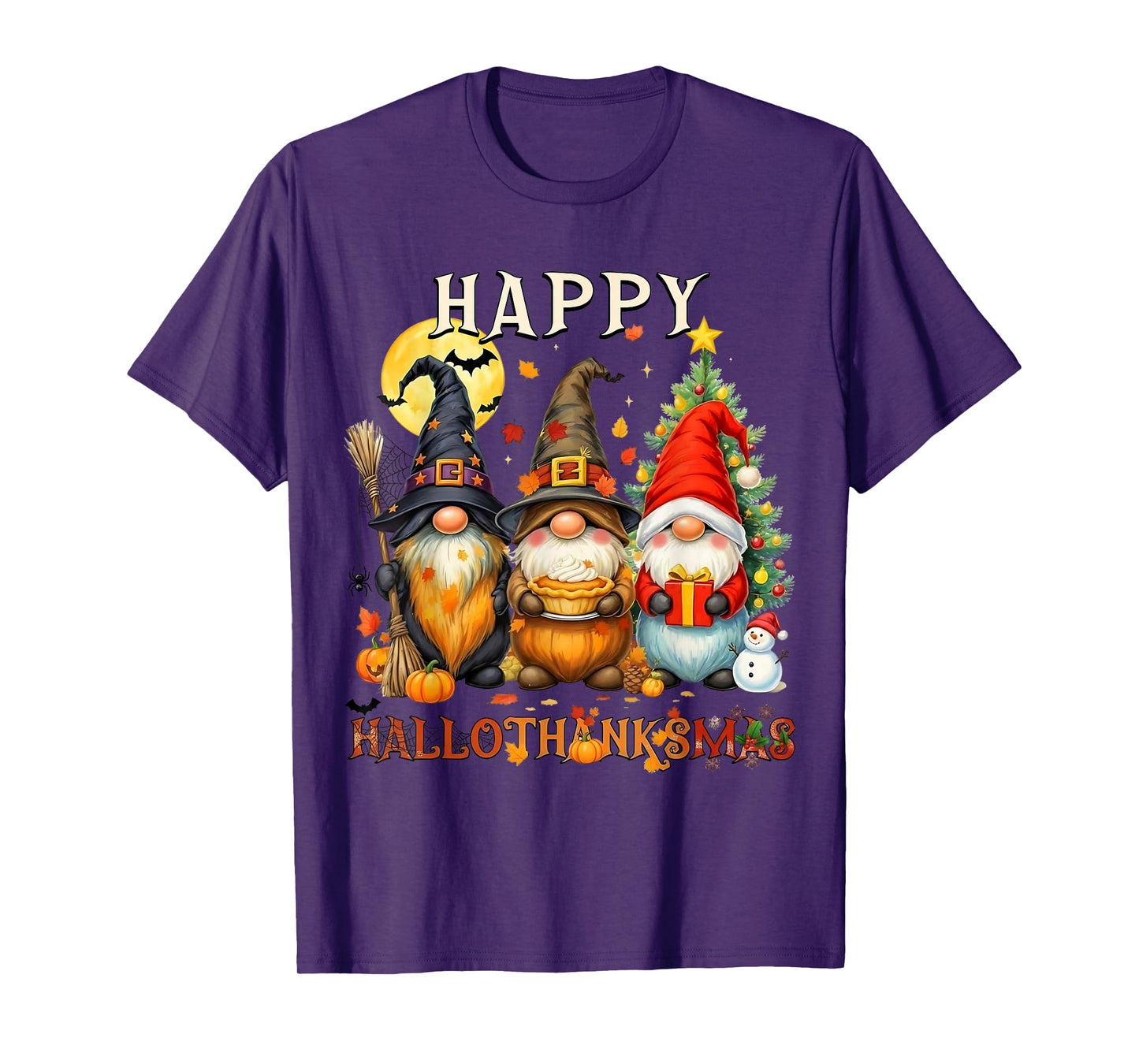 Happy HalloThanksMas Gnomes Halloween Thanksgiving Christmas T-Shirt