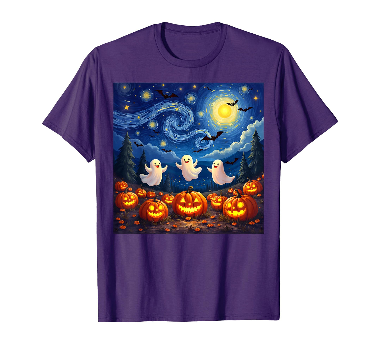 boo ghost halloween pumpkin Starry Night Van Gogh men women T-Shirt