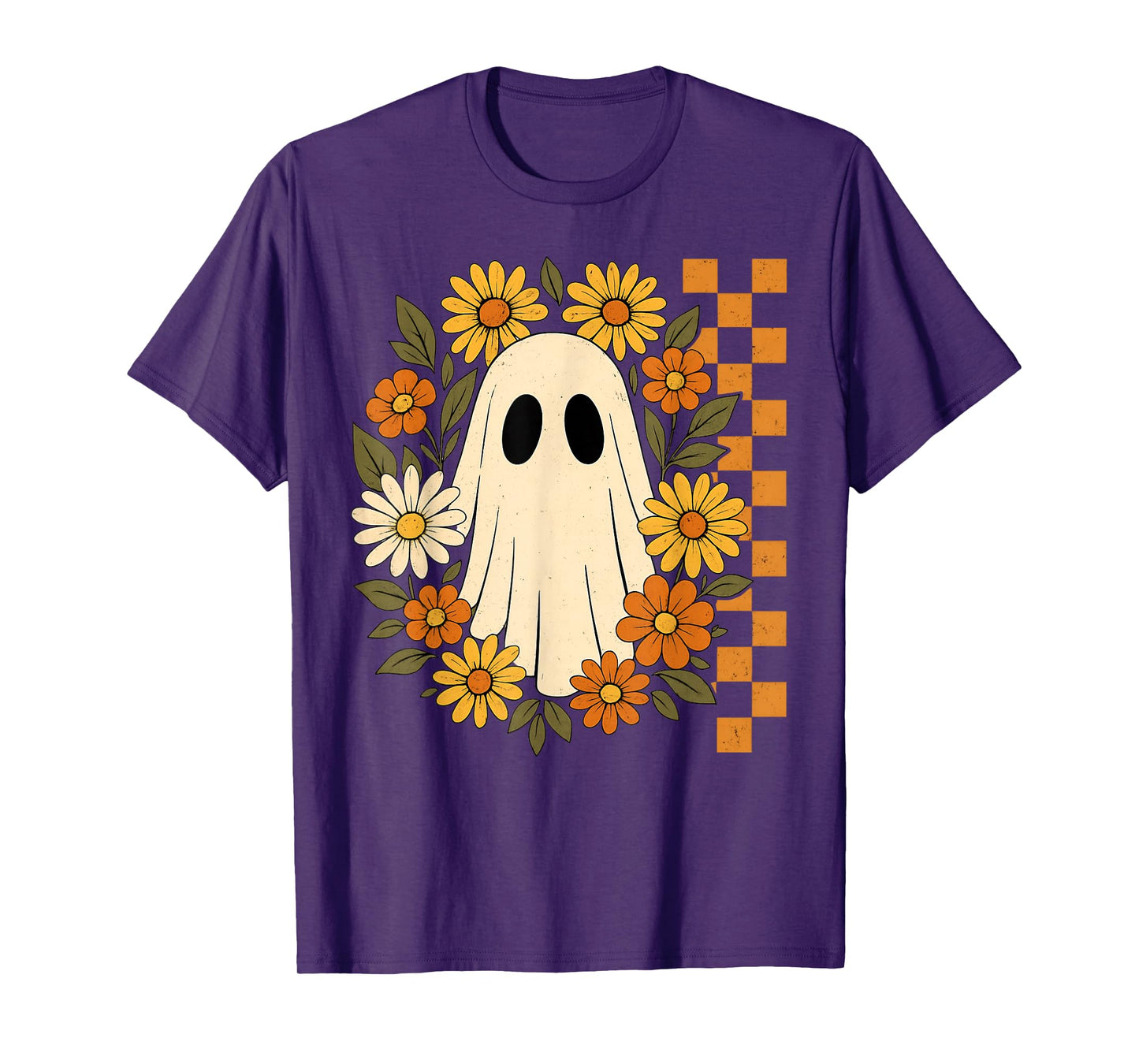 Retro Floral Ghost Checkered Autumn Halloween Women Kids T-Shirt
